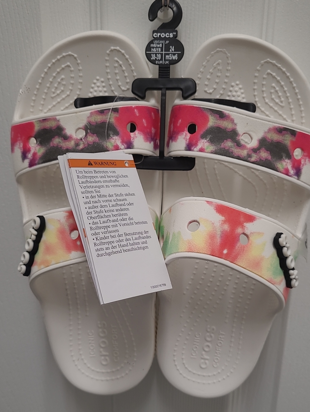 CROCS White Slide Sandals with Pink, Green and Yellow Tie-Dye Straps